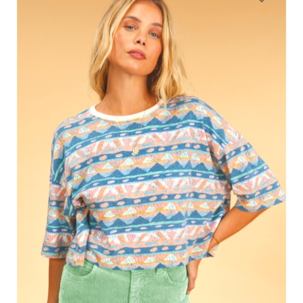 Billabong Multicolor Striped Cropped Tee - Blue, Pink, Yellow